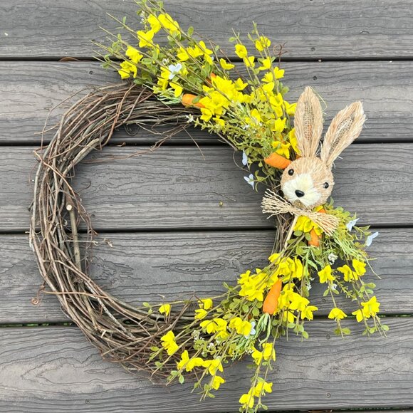 Spring Bunny Rafta Easter Wreath with Yellow Flowers with Carrots Home Decor - Picture 5 of 7
